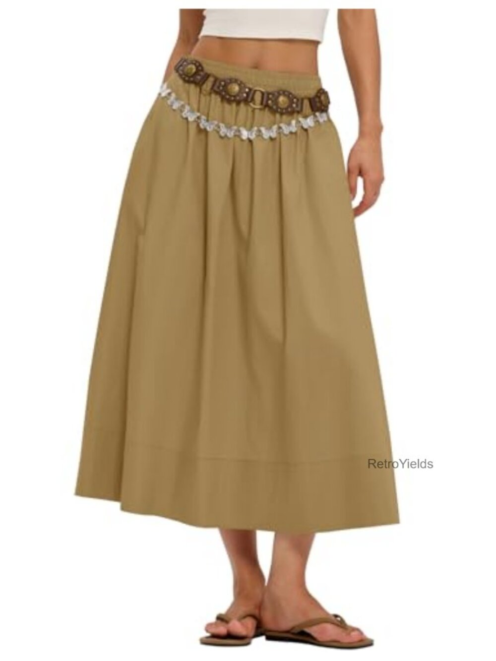 Cotton Midi A-Line Skirt with Pockets Flowy Elastic Waist